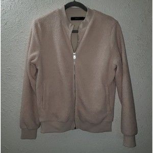 Mirol Sz S Women's Tan Sherpa Bomber Jacket Sweatshirt Lined Full Zip Fleece